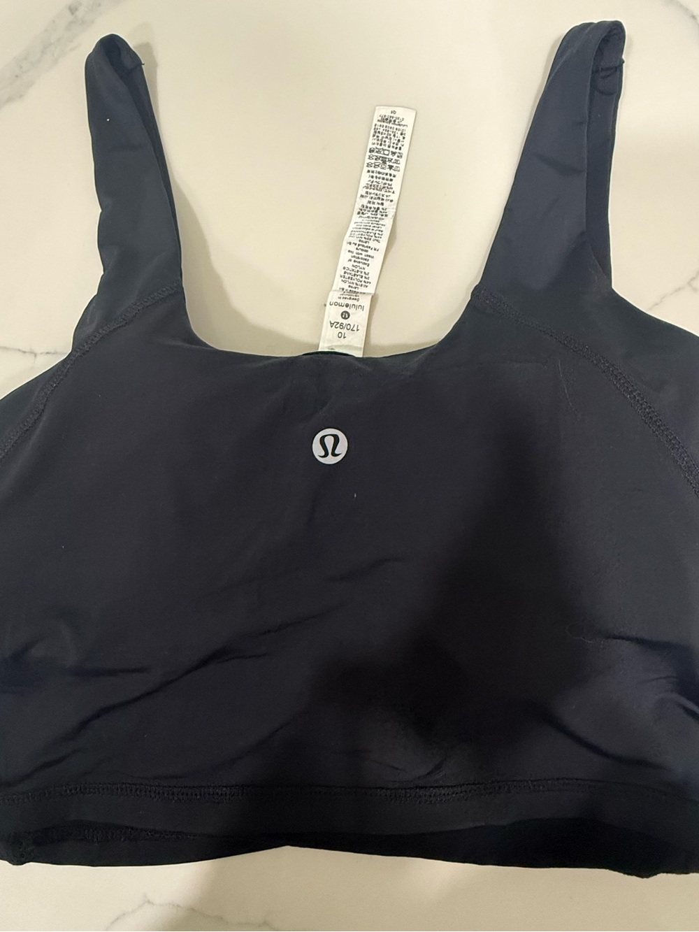 Black Sports Bra with Fake Lululemon Logo and Tag